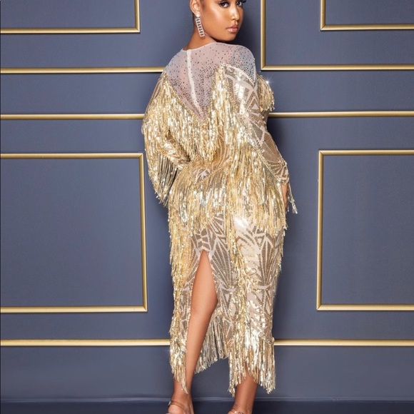 Gold Sequins Fringe Luxe Midi Dress - Picture 4 of 7